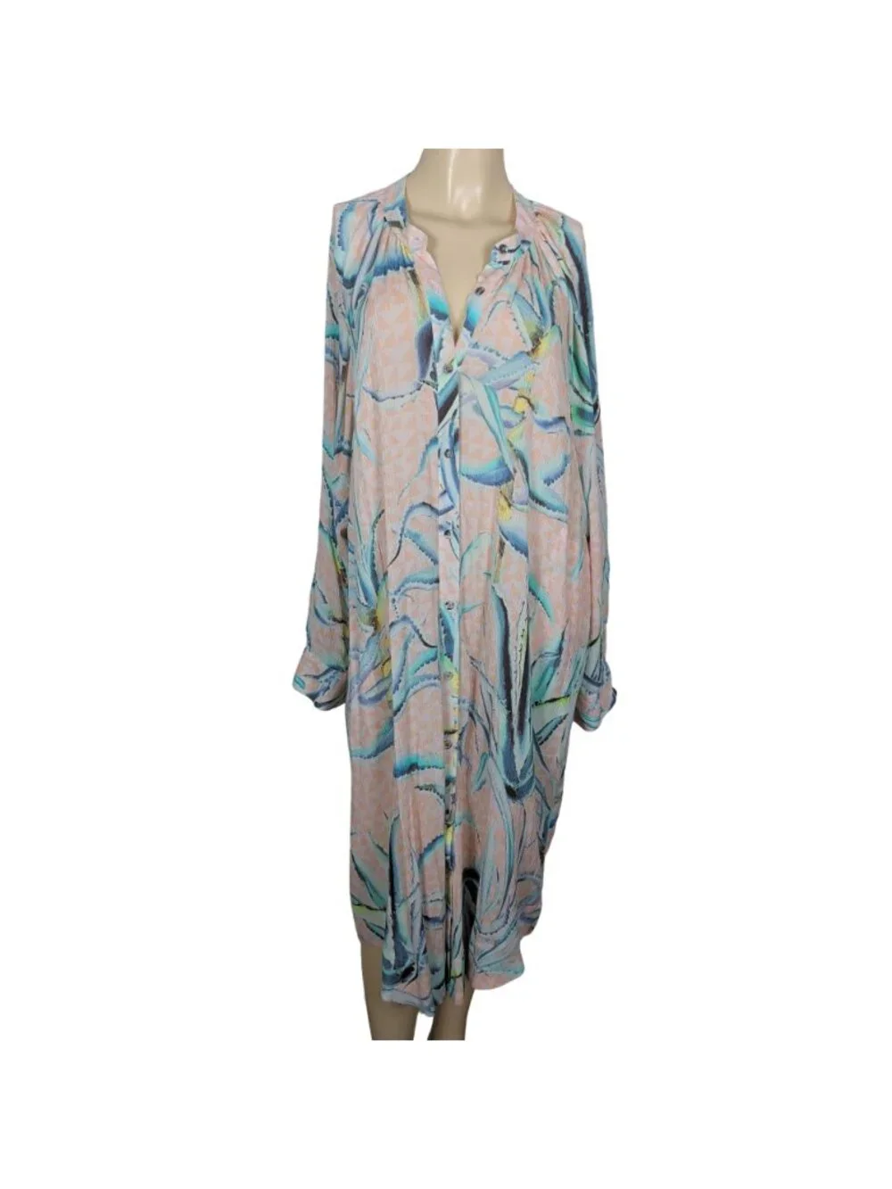 Mara Hoffman Swim Cover Up Dress L Peach Abstract Button Front Tunic Boho Resort